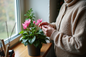 Femme en pull doux retirant des fleurs de cyclamen fanées