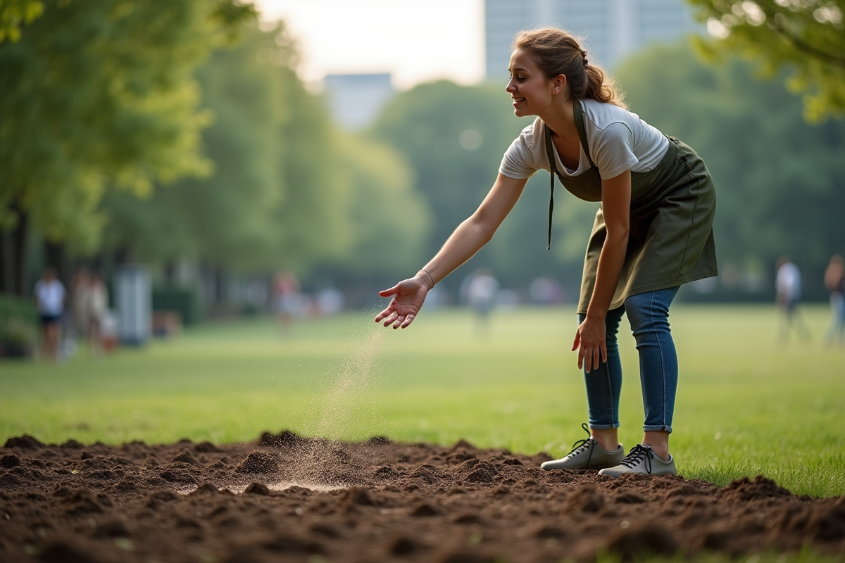 Jeune femme étalant des graines sur un sol dans un parc urbain