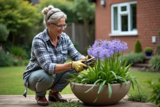 Femme taillant des agapanthus dans un pot en extérieur