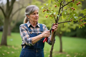 Femme en salopette taillant un jeune noisetier dans un jardin