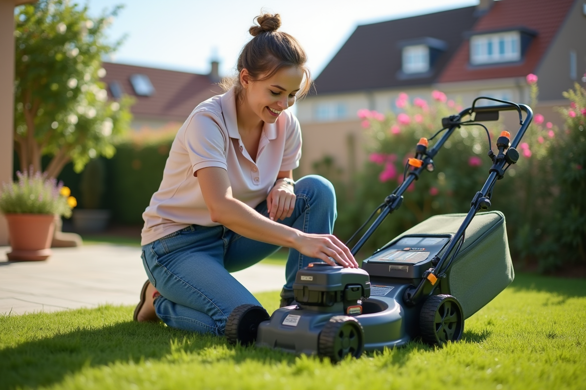 Femme vérifiant le sac de la tondeuse électrique dans le jardin