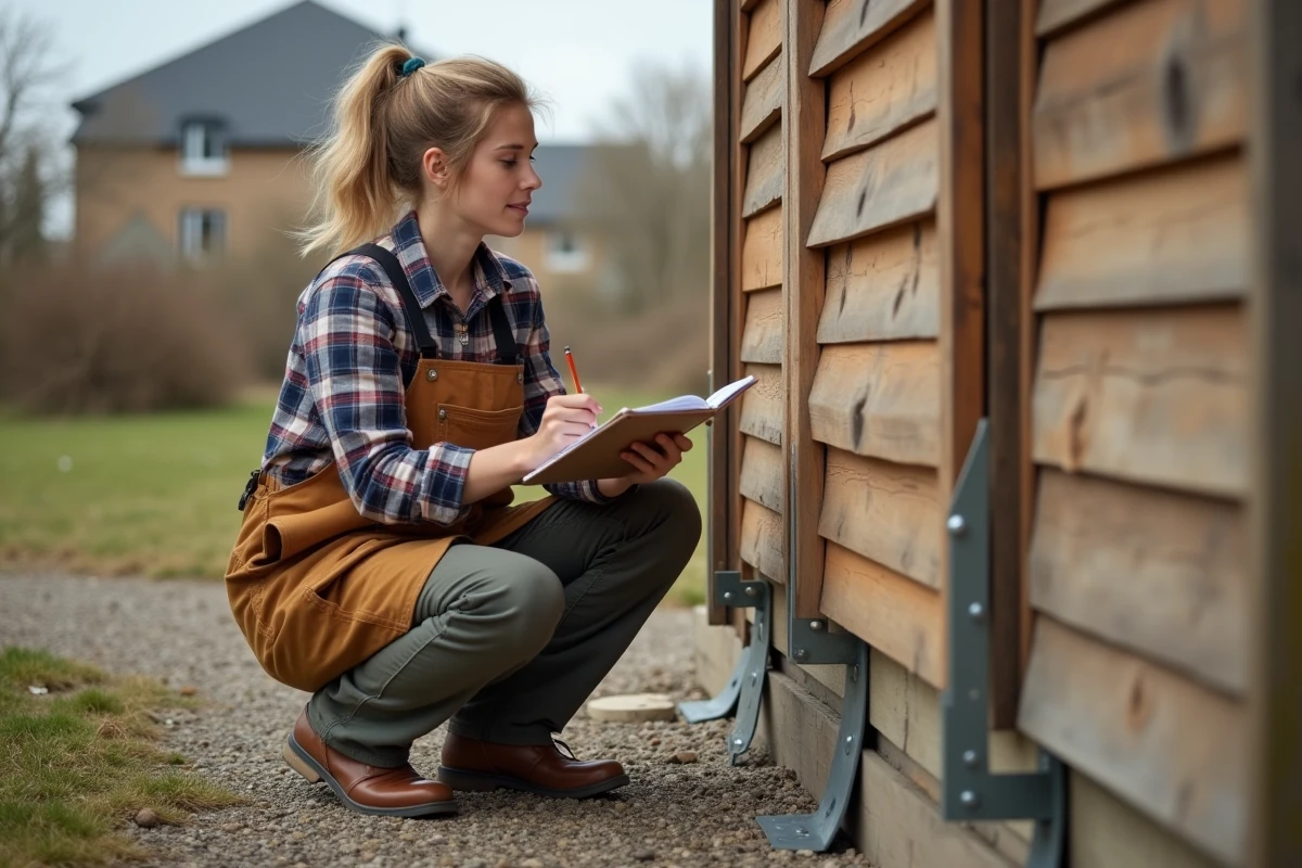 Jeune femme examinant les supports métalliques de l’abri de jardin