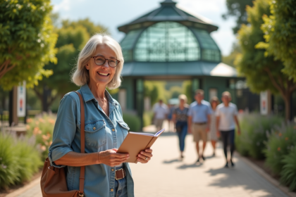 Femme souriante tenant brochure devant Terra Botanica