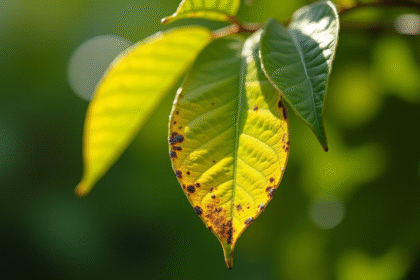 Feuille de citronnier malade avec jaunissement et taches noires
