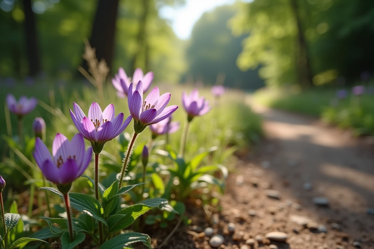 Gros plan sur des fleurs mauves sauvages comme la mauve sylvestre et la scabieuse en bord de sentier forestier