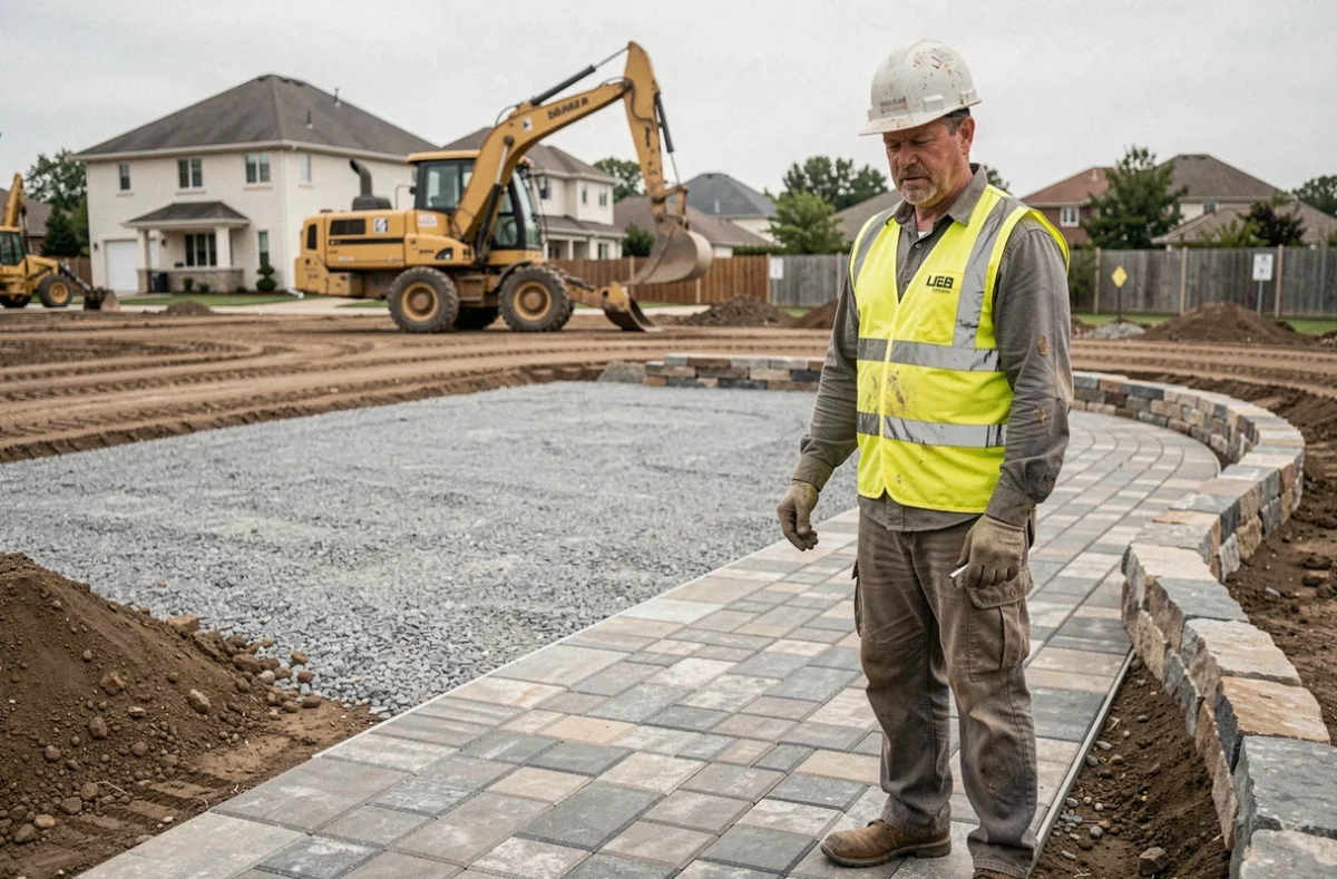 Chef de chantier de FMD-BTP SAS supervisant la pose de pavés lors d'un aménagement paysager extérieur résidentiel