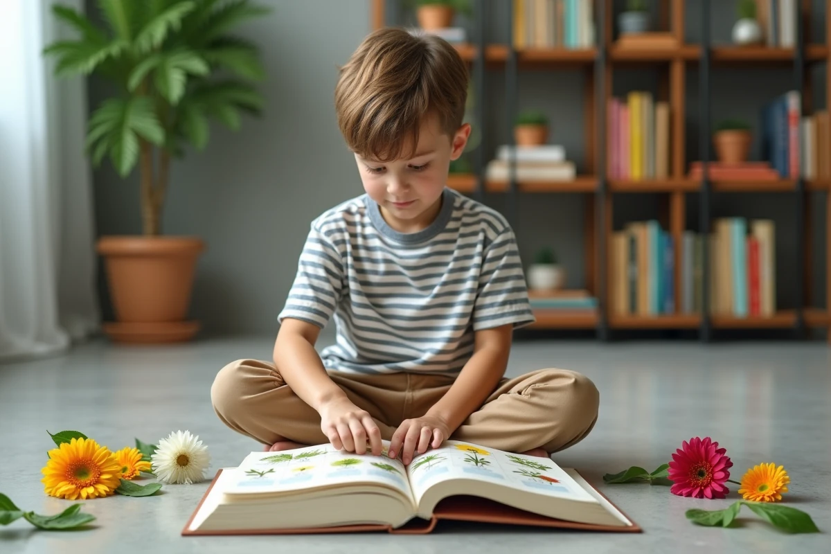 Jeune garçon regardant des fleurs dans un livre dans le salon