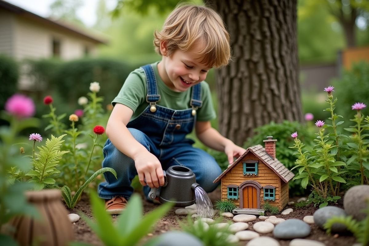 Garçon arrosant une maison de fée miniature dans le jardin