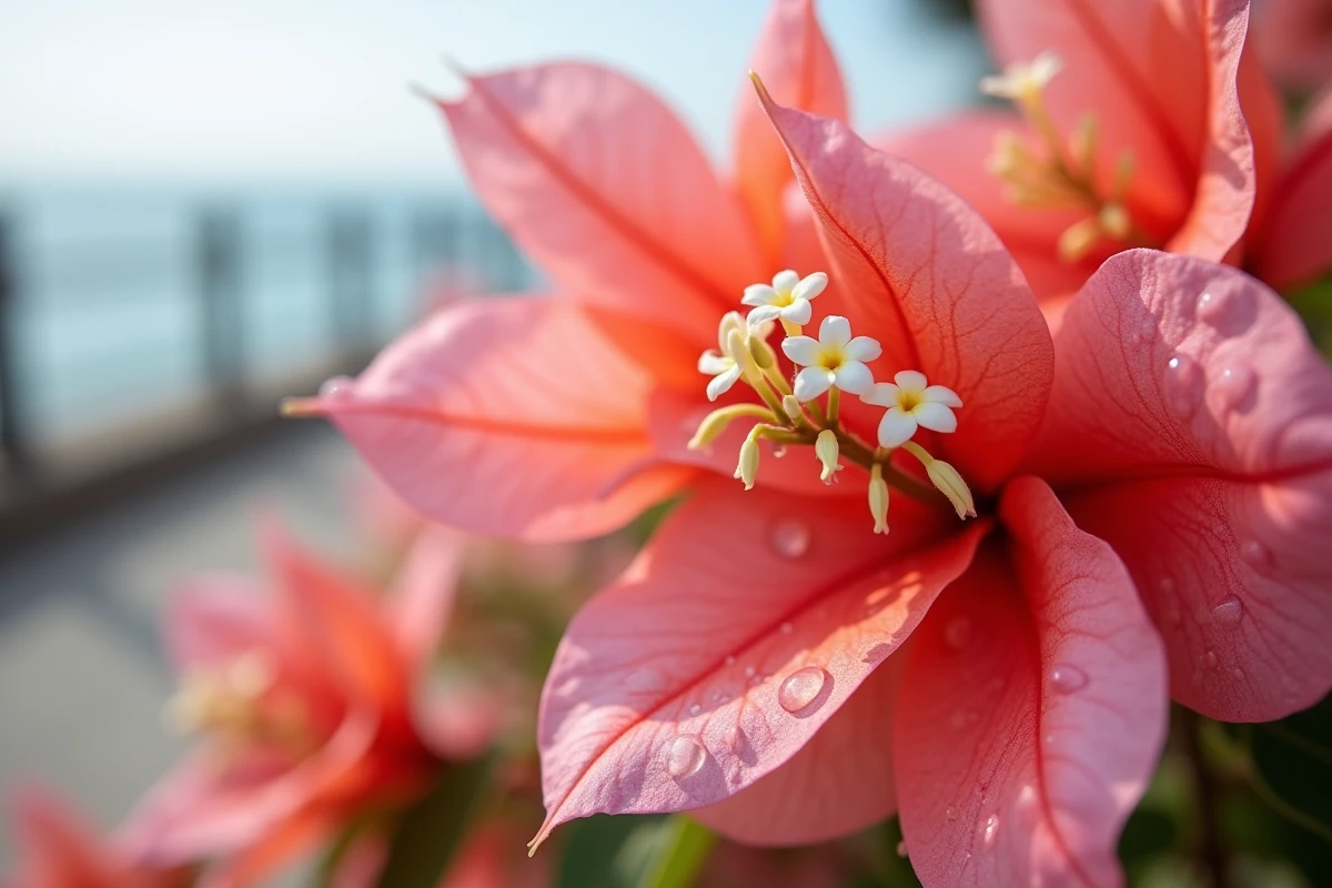 Gros plan sur les bractées et fleurs d'un bougainvillier avec des gouttes de brume marine sur les pétales
