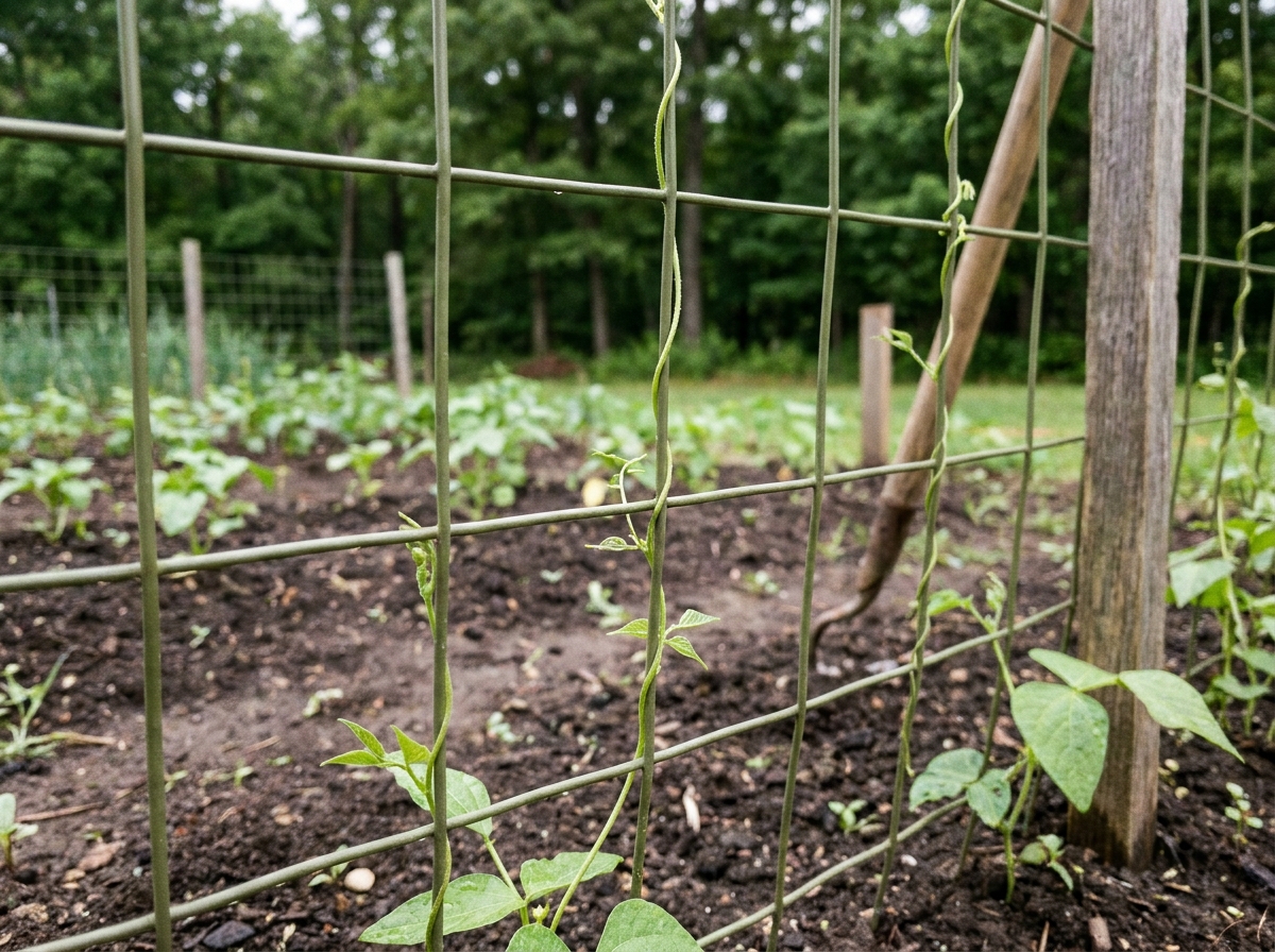 Gros plan sur un grillage souple vert PVC tendu entre des piquets en bois avec des plants de haricots grimpants dans un potager