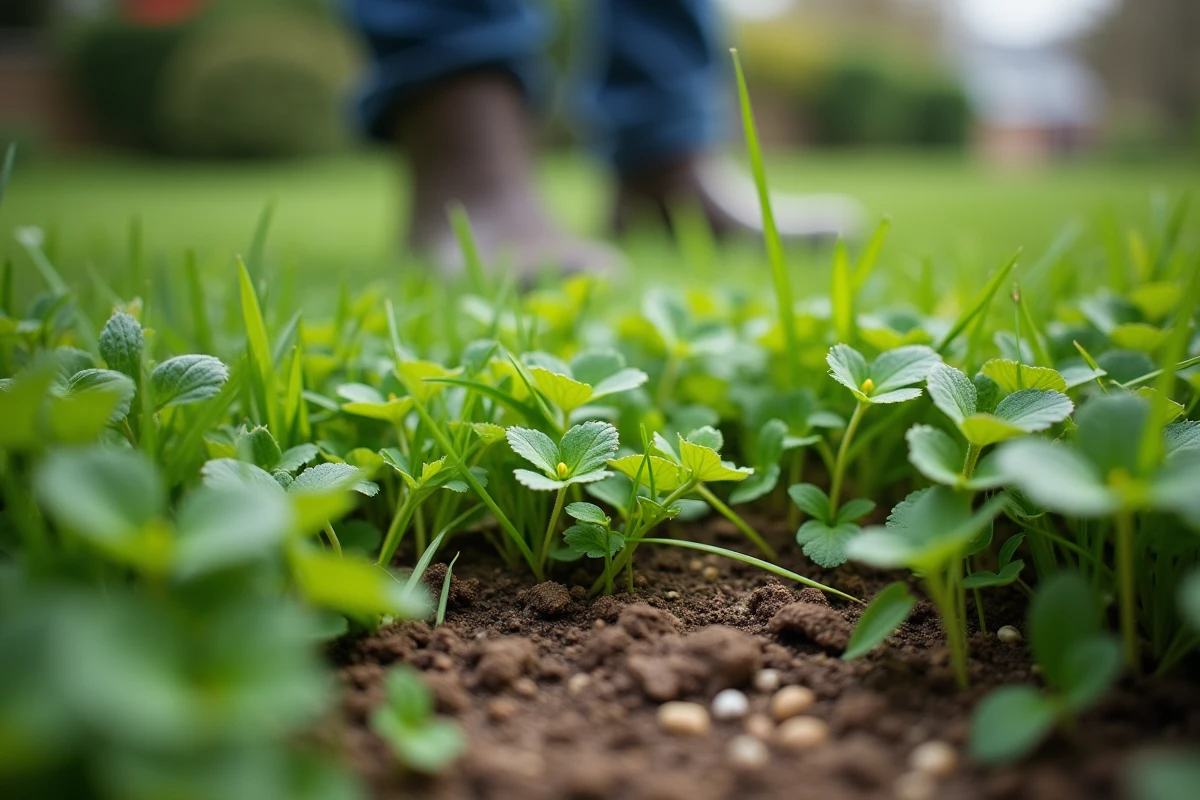 Gros plan sur des mauvaises herbes résistantes envahissant un gazon, montrant la diversité des adventices difficiles à éliminer avec un herbicide sélectif classique