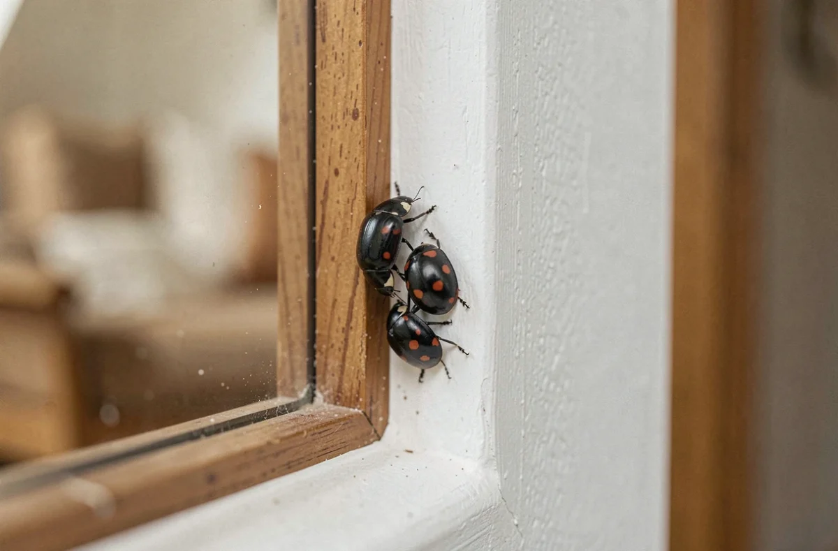 Groupe de coccinelles noires à points rouges rassemblées dans un coin de fenêtre à l'intérieur d'une maison