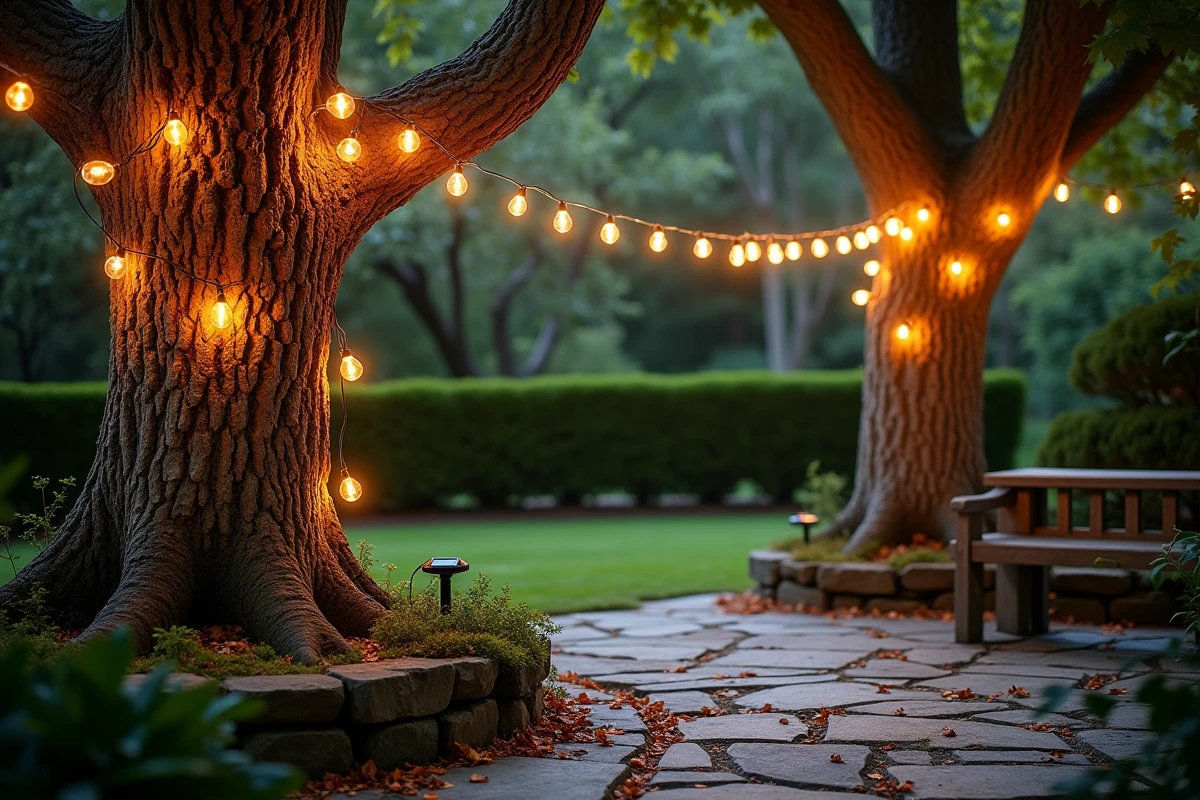 Guirlande lumineuse solaire tendue entre deux arbres dans un jardin paysager avec allée en pierre naturelle