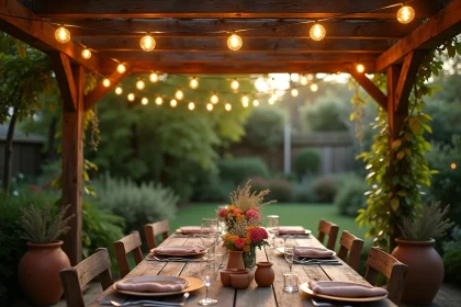Guirlande lumineuse solaire extérieure suspendue sous une pergola en bois dans un jardin décoratif style magazine