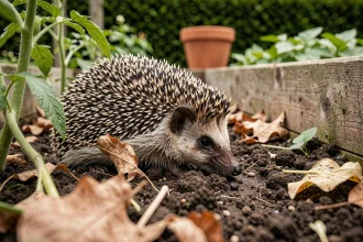 Hérisson dans un potager familial reniflant la terre entre les rangs de légumes, signe d'une biodiversité saine