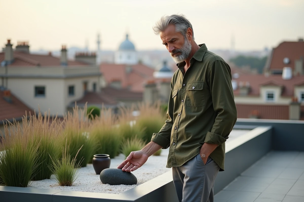 Homme aménageant un jardin zen sur terrasse urbaine avec bac de sable, pierre noire et graminées ornementales