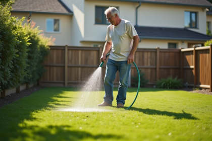 Homme d'âge moyen arrosant une pelouse synthétique dans un jardin