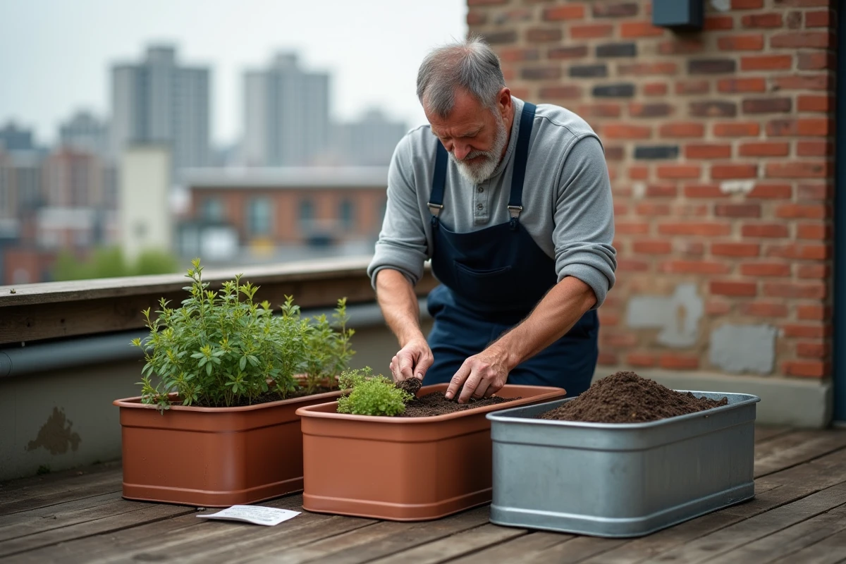 Homme jardinant dans des bacs rectangulaires en métal galvanisé sur un balcon urbain avec vue sur la ville