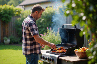 Homme d'âge moyen près du barbecue dans le jardin