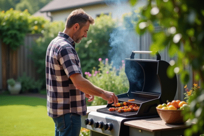 Homme d'âge moyen près du barbecue dans le jardin