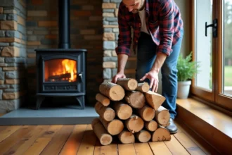 Homme en flanelle chargeant du bois près d’un poêle moderne