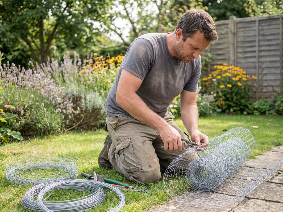 Homme découpant un rouleau de grillage souple hexagonal pour délimiter une bordure de jardin fleuri