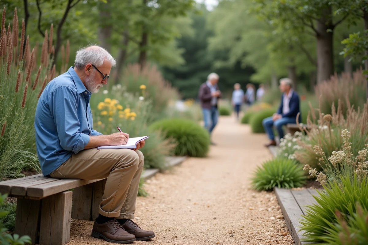 Homme dessinant dans un jardin contemporain à Chaumont