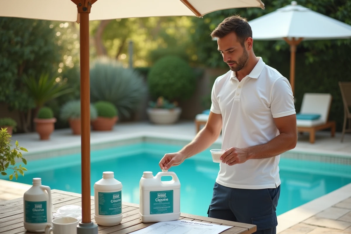 Homme dosant le chlore pour une piscine avec des produits d'entretien sur une table de jardin