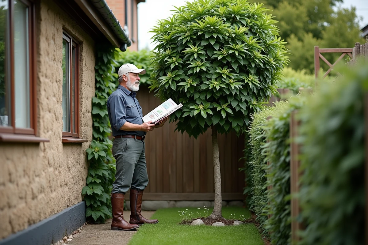 Homme consultant un guide de jardinage devant un arbre mature poussant près d'une maison en zone résidentielle