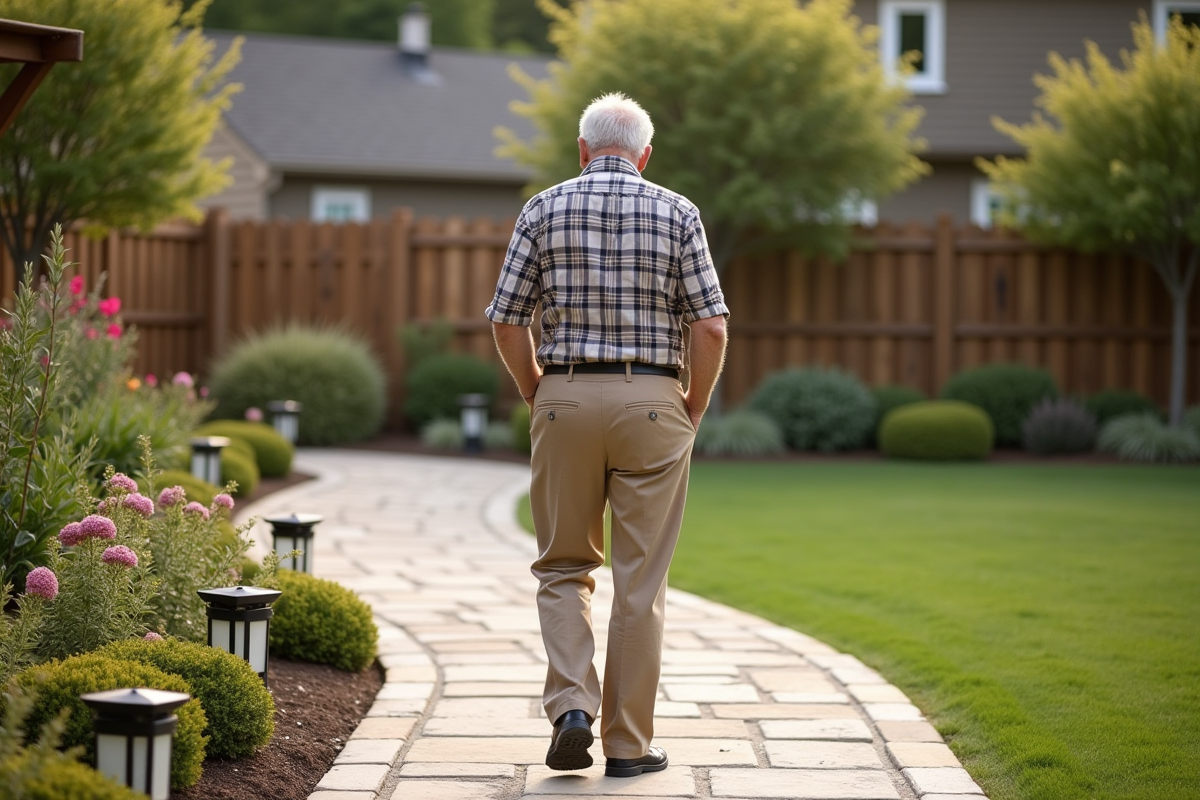 Homme retraité marchant sur un chemin de jardin fleuri