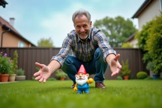 Homme en jeans et chemise checkered posant un gnome dans le jardin