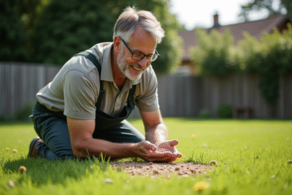 Homme d'âge moyen inspectant des graines dans un jardin verdoyant