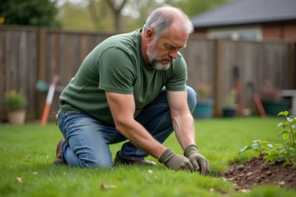 Homme d'âge moyen inspectant la pelouse dans son jardin