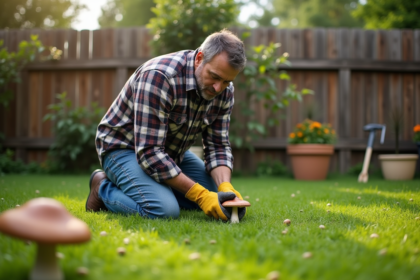 Homme d'âge moyen en jeans et gants de jardinage cueillant des champignons