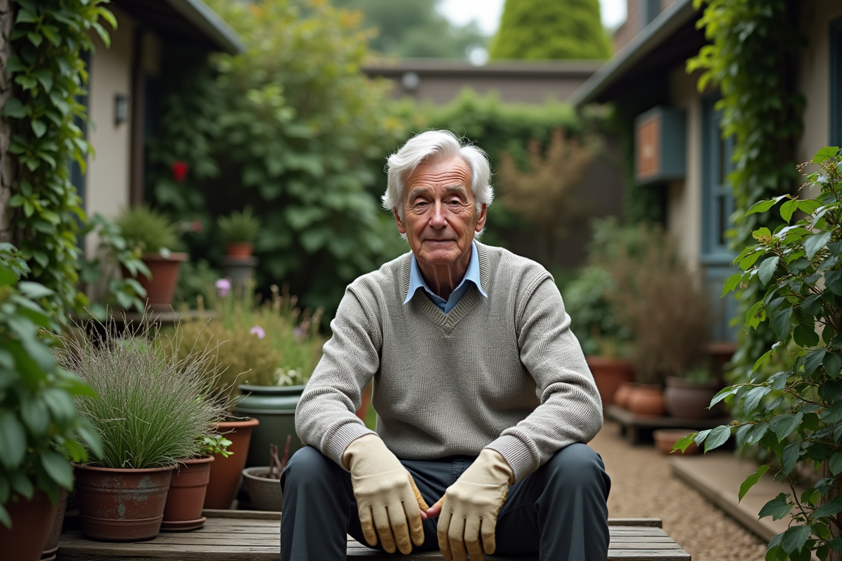 Homme âgé assis dans un jardin avec plantes en pot