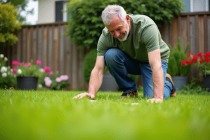 Homme d'âge moyen en jeans vert semant des graines dans la pelouse