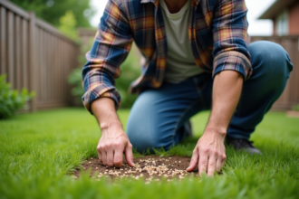 Homme d'âge moyen en tenue de jardinage semant des graines dans la pelouse