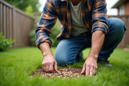 Homme d'âge moyen en tenue de jardinage semant des graines dans la pelouse