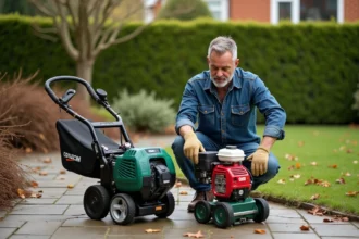 Homme comparant deux broyeurs de jardin en extérieur