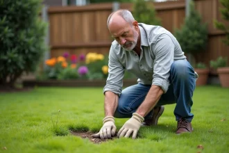 Homme d'âge moyen inspectant une pelouse en jardin anglais