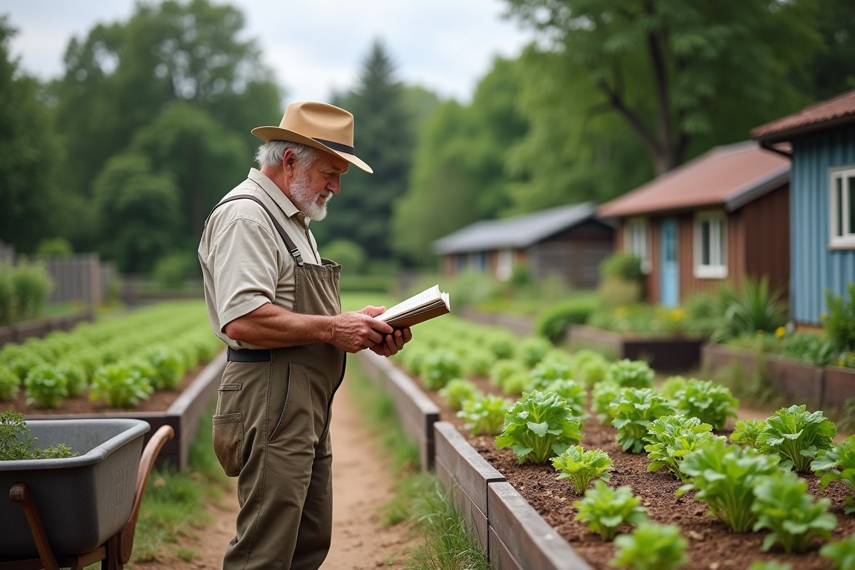Homme âgé regardant un journal de jardinage près du lit de légumes