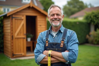 Homme souriant avec mètre à côté d'un abri de jardin