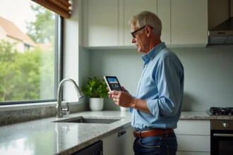 Homme d'âge moyen vérifiant une station météo dans une cuisine moderne