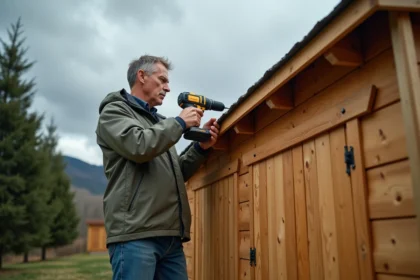 Homme en windbreaker fixant le toit d’un abri de jardin en bois