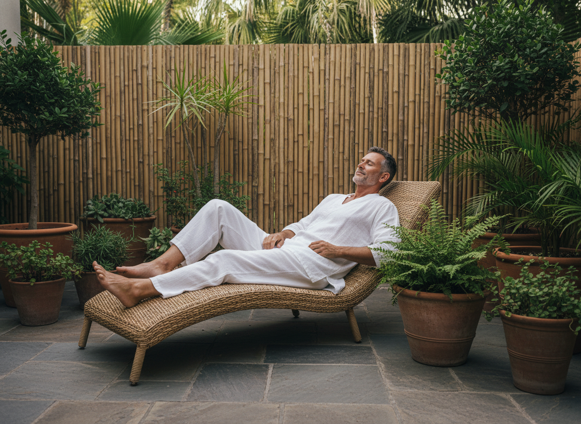 Homme détendu sur terrasse de spa avec plantes vertes