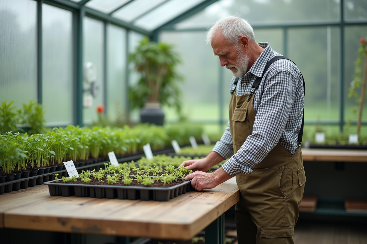 Homme âgé examine jeunes plants en serre intérieure