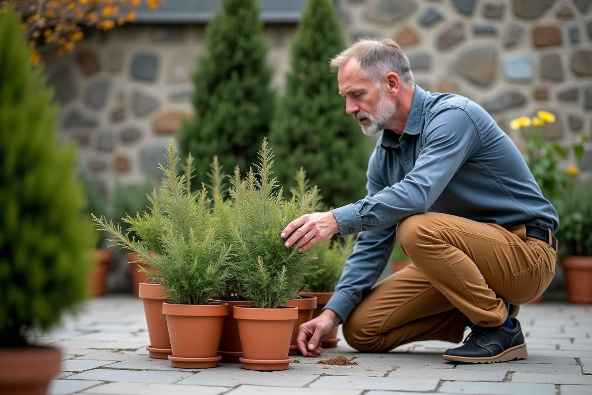 Homme arrangeant des pots de plantes sur une terrasse extérieure