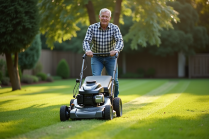 Homme d'âge moyen utilisant une tondeuse électrique dans un grand jardin