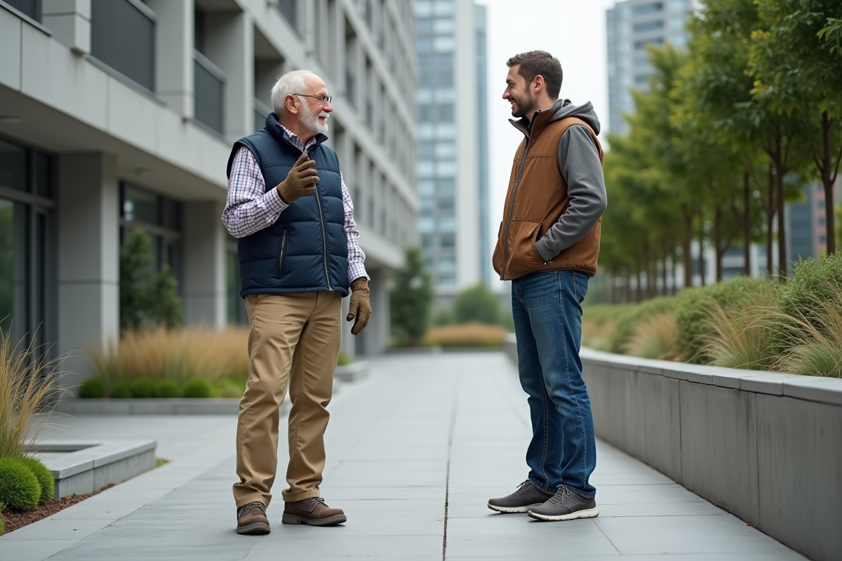 Homme âgé discutant avec un jeune homme près d