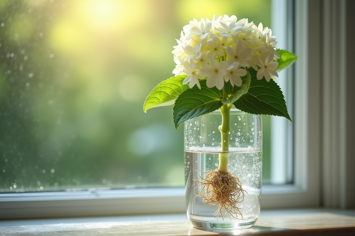 Hydrangea en eau avec racines en formation sur une fenetre